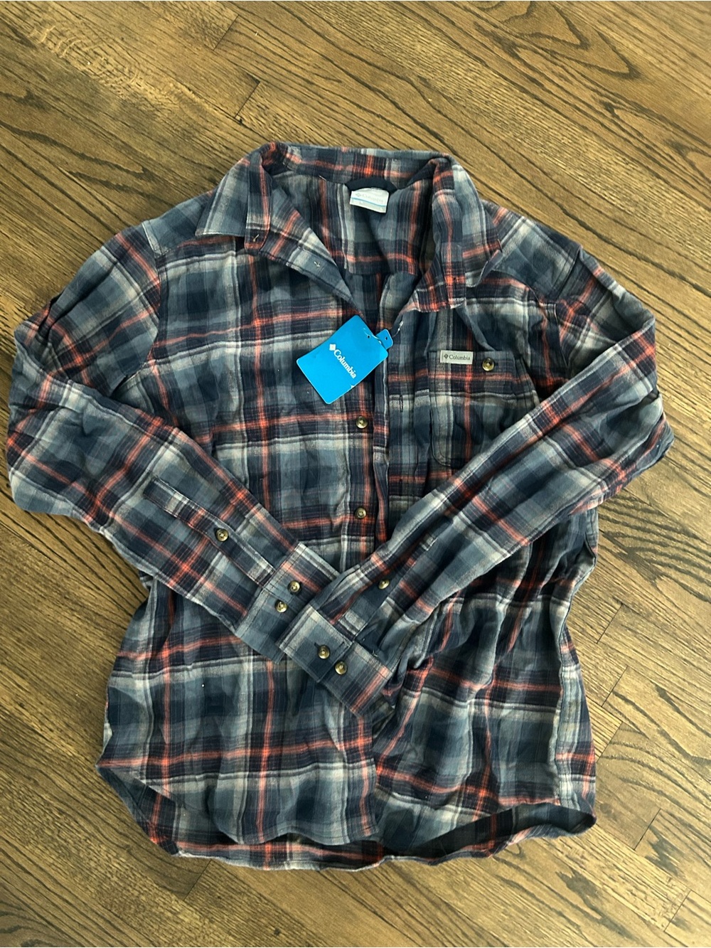 Columbia Navy and Red Plaid Long-Sleeve Button-Down Shirt